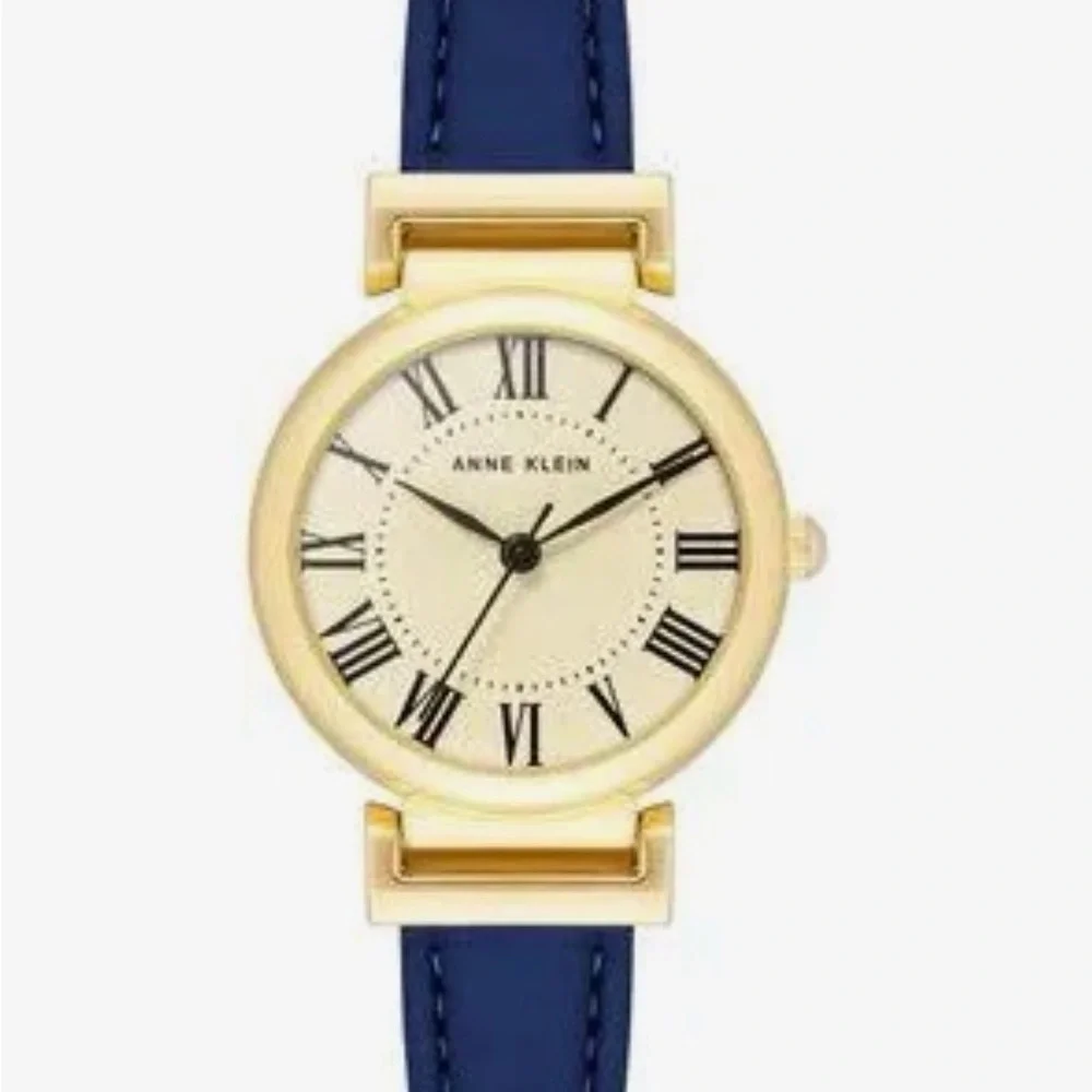 Anne Klein Gold Case Watch – Navy Leather Strap – NWT – Classic Minimalist